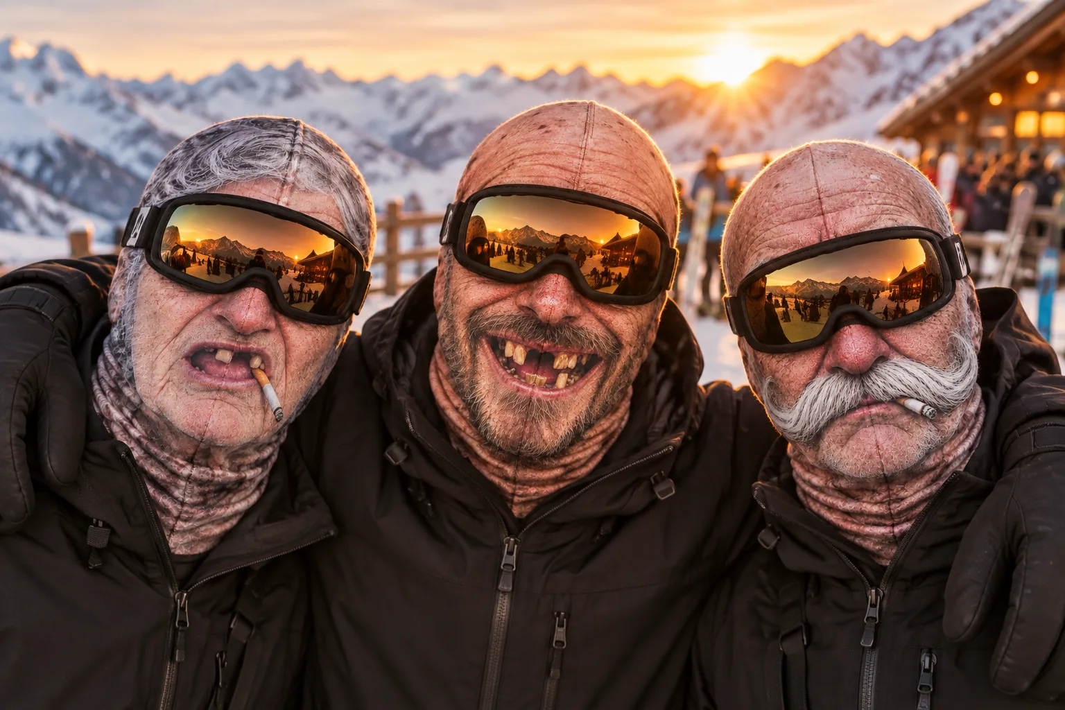 Trois cagoules Les Visages présentées en montagne au coucher du soleil